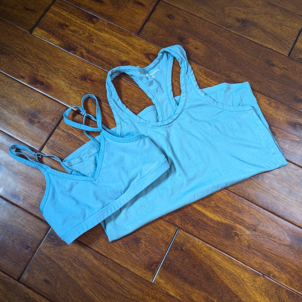 Beyond Yoga Featherweight Racerback Tank & Spacedye Bra in Slate Stone Blue SET